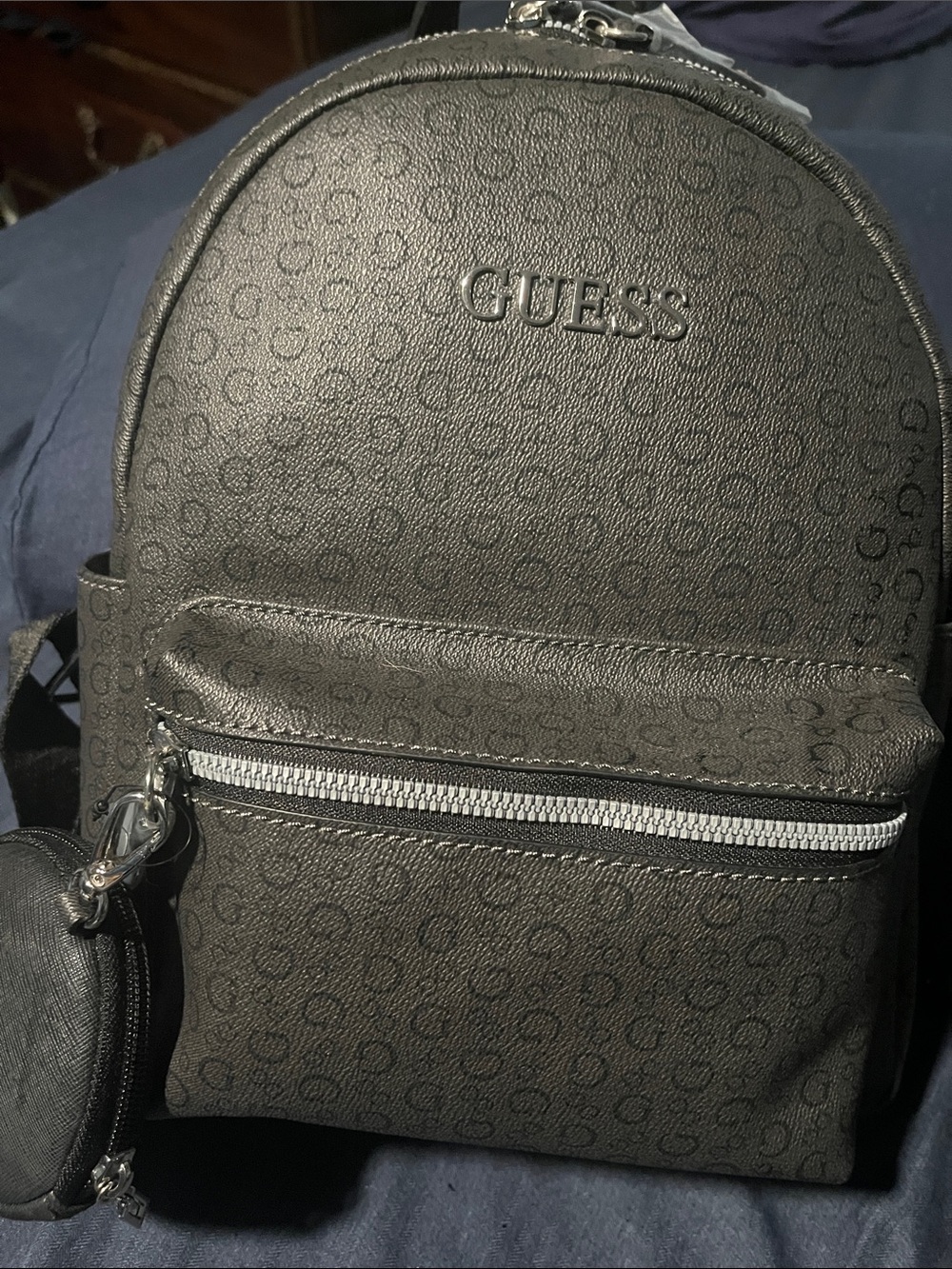 GUESS Black Logo-Print Mini Backpack with Silver Zipper and Coin Pouch